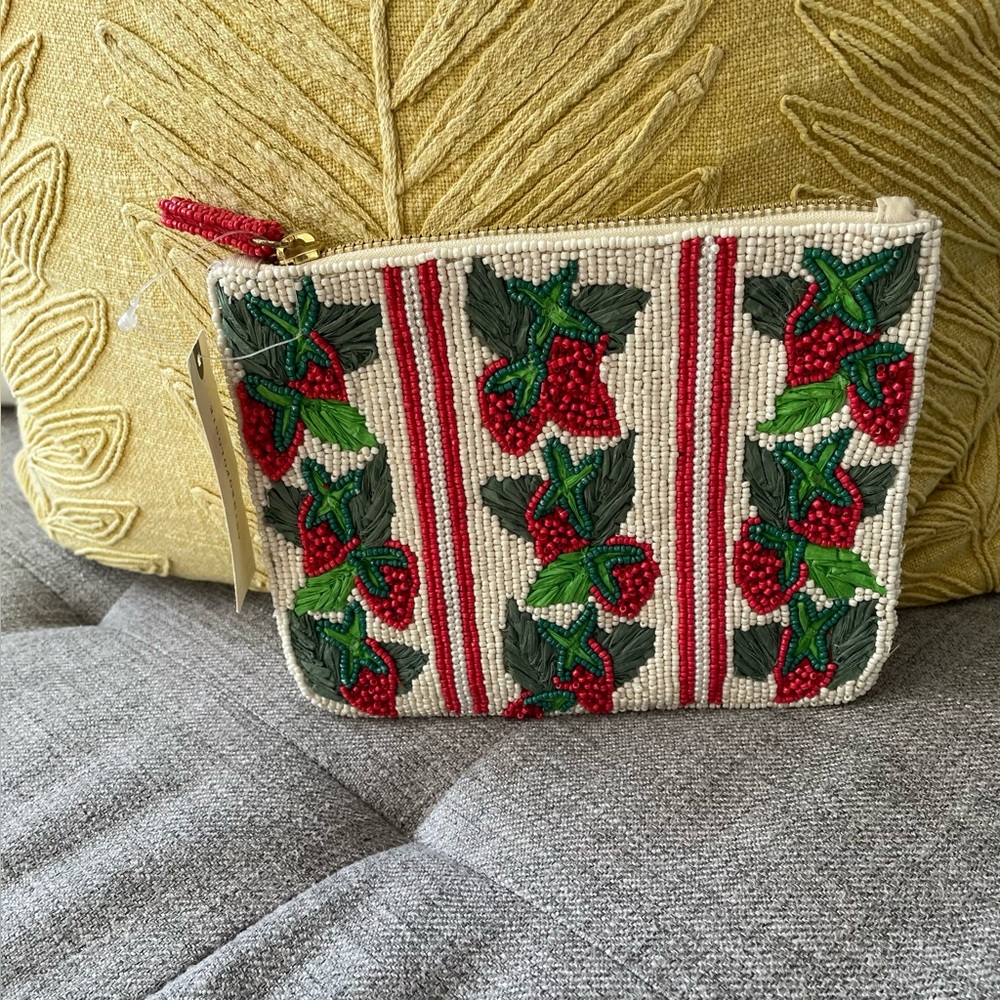 NWT Anthropologie Fiona STRAWBERRY Beaded Pouch